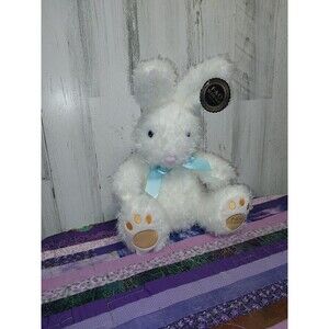 NWT FAO Schwarz White Bunny Rabbit w/ Blue Ribbon Easter Plush Toy